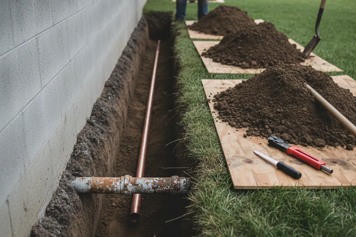 Excavated water line trench during Water Softener Installation in Ellerbe